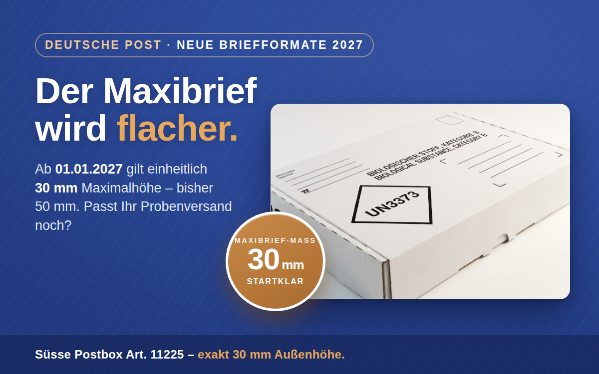 Der Maxibrief wird flacher: ab dem 01.01.2027 gilt einheitlich 30 mm Maximalhöhe statt bisher 50 mm. Abgebildet die Süsse Postbox Art. 11225 mit UN3373-Aufdruck und exakt 30 mm Außenhöhe.